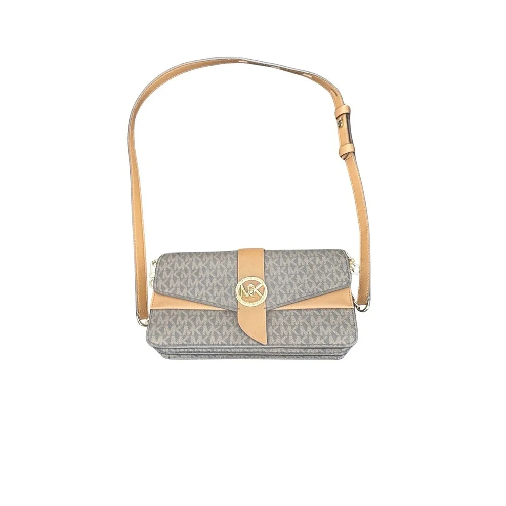 Michael Kors Greenwich Medium Shoulder Bag Brown MK Signature Gold‎ Chain